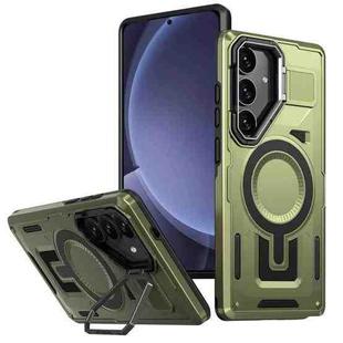 For Samsung Galaxy S25+ 5G Shield Hollow Frame Holder MagSafe Phone Case(Olive Green)