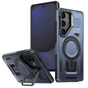 For Samsung Galaxy S24 FE 5G Shield Hollow Frame Holder MagSafe Phone Case(Navy Blue)