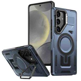 For Samsung Galaxy S24+ 5G Shield Hollow Frame Holder MagSafe Phone Case(Navy Blue)