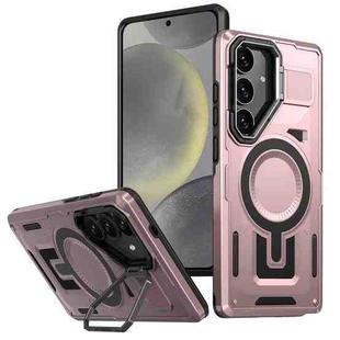 For Samsung Galaxy S24+ 5G Shield Hollow Frame Holder MagSafe Phone Case(Rose Gold)