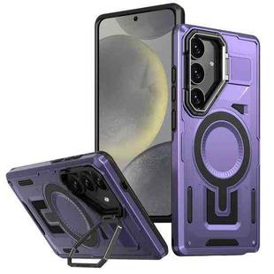 For Samsung Galaxy S24+ 5G Shield Hollow Frame Holder MagSafe Phone Case(Purple)