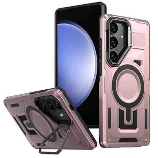 For Samsung Galaxy S23 FE 5G Shield Hollow Frame Holder MagSafe Phone Case(Rose Gold)