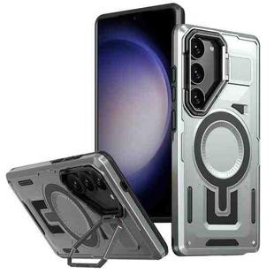 For Samsung Galaxy S23+ 5G Shield Hollow Frame Holder MagSafe Phone Case(Grey)