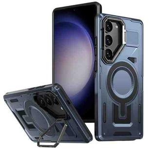 For Samsung Galaxy S23+ 5G Shield Hollow Frame Holder MagSafe Phone Case(Navy Blue)