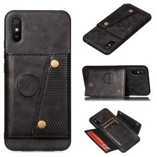 For Xiaomi Redmi 9A Double Buckle PU + TPU Shockproof Magnetic Protective Case with Card Slot & Holder(Black)