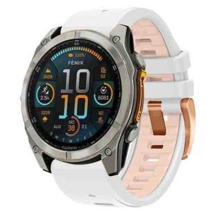 For Garmin Fenix 8 AMOLED 43mm Rose Gold Steel Buckle Quick Release Silicone Watch Band(White Khaki)