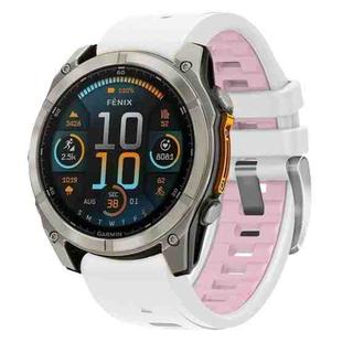 For Garmin Fenix 8 AMOLED 43mm Silver Steel Buckle Quick Release Silicone Watch Band(White Pink)