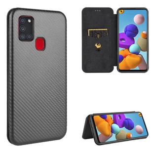 For Samsung Galaxy A21s Carbon Fiber Texture Horizontal Flip TPU + PC + PU Leather Case with Card Slot(Black)