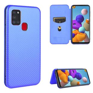 For Samsung Galaxy A21s Carbon Fiber Texture Horizontal Flip TPU + PC + PU Leather Case with Card Slot(Blue)