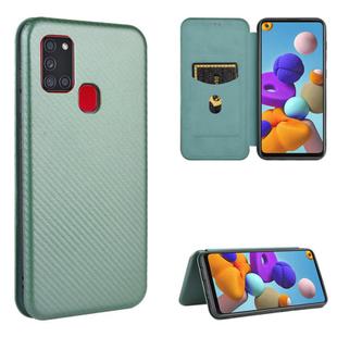 For Samsung Galaxy A21s Carbon Fiber Texture Horizontal Flip TPU + PC + PU Leather Case with Card Slot(Green)