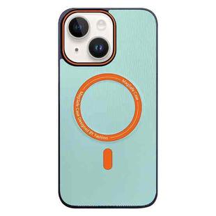 For iPhone 14 Contrast Color Imitation Wood Texture MagSafe Phone Case(Light Cyan)