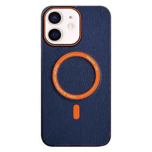 For iPhone 12 Contrast Color Imitation Wood Texture MagSafe Phone Case(Navy Blue)