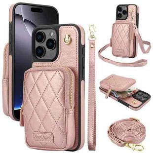 For iPhone 16 Pro AwQuer Crossbody Zipper Wallet Bag Litchi Leather Phone Case(Rose Gold)