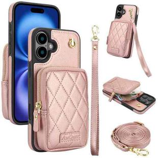 For iPhone 16 Plus AwQuer Crossbody Zipper Wallet Bag Litchi Leather Phone Case(Rose Gold)