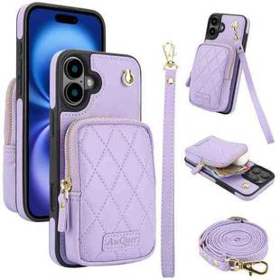 For iPhone 16 Plus AwQuer Crossbody Zipper Wallet Bag Litchi Leather Phone Case(Light Purple)