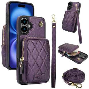 For iPhone 16 Plus AwQuer Crossbody Zipper Wallet Bag Litchi Leather Phone Case(Dark Purple)