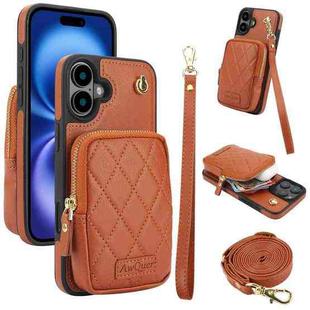 For iPhone 16 Plus AwQuer Crossbody Zipper Wallet Bag Litchi Leather Phone Case(Brown)