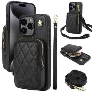 For iPhone 15 Pro Max AwQuer Crossbody Zipper Wallet Bag Litchi Leather Phone Case(Black)