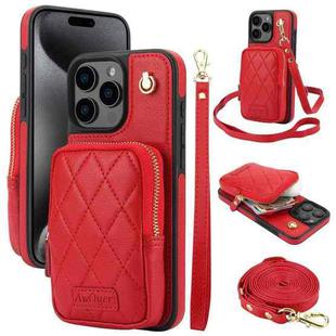 For iPhone 15 Pro Max AwQuer Crossbody Zipper Wallet Bag Litchi Leather Phone Case(Red)