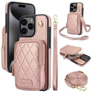 For iPhone 15 Pro Max AwQuer Crossbody Zipper Wallet Bag Litchi Leather Phone Case(Rose Gold)