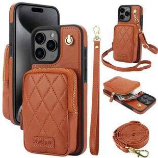 For iPhone 15 Pro Max AwQuer Crossbody Zipper Wallet Bag Litchi Leather Phone Case(Brown)