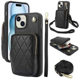 For iPhone 15 Plus AwQuer Crossbody Zipper Wallet Bag Litchi Leather Phone Case(Black)