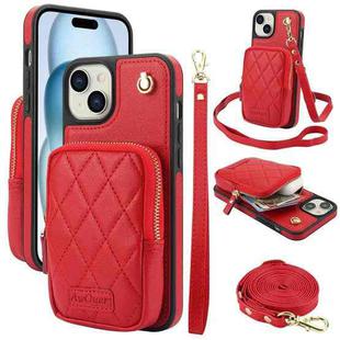 For iPhone 15 Plus AwQuer Crossbody Zipper Wallet Bag Litchi Leather Phone Case(Red)