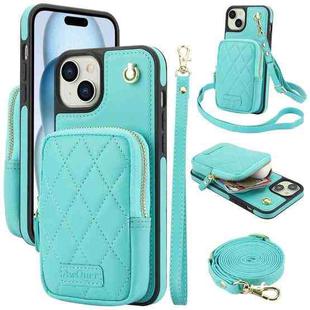 For iPhone 15 AwQuer Crossbody Zipper Wallet Bag Litchi Leather Phone Case(Mint Green)