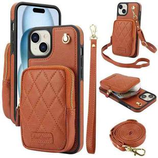 For iPhone 15 AwQuer Crossbody Zipper Wallet Bag Litchi Leather Phone Case(Brown)