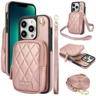 For iPhone 13 Pro Max AwQuer Crossbody Zipper Wallet Bag Litchi Leather Phone Case(Rose Gold)