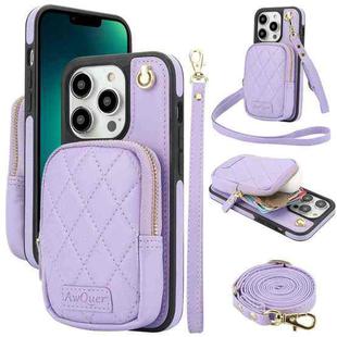 For iPhone 13 Pro Max AwQuer Crossbody Zipper Wallet Bag Litchi Leather Phone Case(Light Purple)