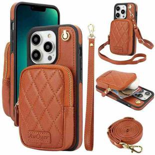 For iPhone 13 Pro AwQuer Crossbody Zipper Wallet Bag Litchi Leather Phone Case(Brown)