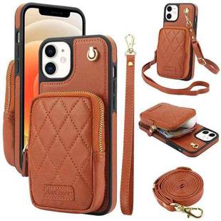 For iPhone 12 / 12 Pro AwQuer Crossbody Zipper Wallet Bag Litchi Leather Phone Case(Brown)