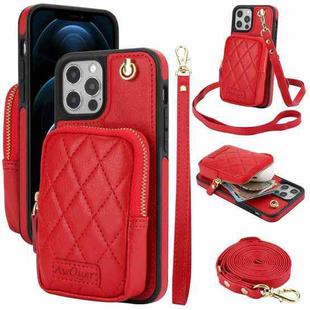 For iPhone 12 Pro Max AwQuer Crossbody Zipper Wallet Bag Litchi Leather Phone Case(Red)