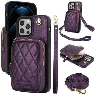 For iPhone 12 Pro Max AwQuer Crossbody Zipper Wallet Bag Litchi Leather Phone Case(Dark Purple)