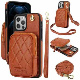 For iPhone 12 Pro Max AwQuer Crossbody Zipper Wallet Bag Litchi Leather Phone Case(Brown)