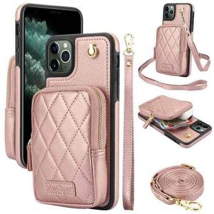 For iPhone 11 Pro Max AwQuer Crossbody Zipper Wallet Bag Litchi Leather Phone Case(Rose Gold)