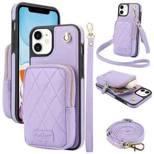 For iPhone 11 AwQuer Crossbody Zipper Wallet Bag Litchi Leather Phone Case(Light Purple)