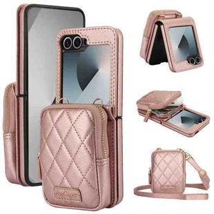 For Samsung Galaxy Z Flip6 AwQuer Crossbody Zipper Wallet Bag Litchi Leather Phone Case(Rose Gold)