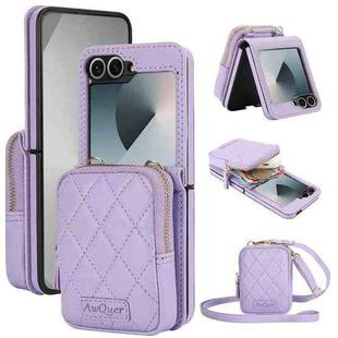 For Samsung Galaxy Z Flip6 AwQuer Crossbody Zipper Wallet Bag Litchi Leather Phone Case(Light Purple)