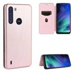 For Motorola Moto One Fusion Carbon Fiber Texture Horizontal Flip TPU + PC + PU Leather Case with Rope & Card Slot(Pink)