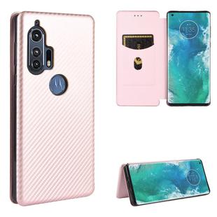 For Motorola Moto Edge Plus Carbon Fiber Texture Horizontal Flip TPU + PC + PU Leather Case with Rope & Card Slot(Pink)