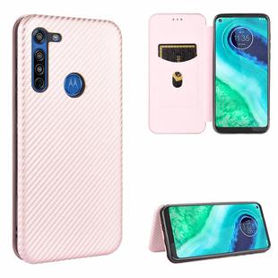 For Motorola Moto G8 Carbon Fiber Texture Horizontal Flip TPU + PC + PU Leather Case with Rope & Card Slot(Pink)