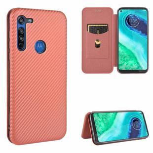 For Motorola Moto G8 Carbon Fiber Texture Horizontal Flip TPU + PC + PU Leather Case with Rope & Card Slot(Brown)