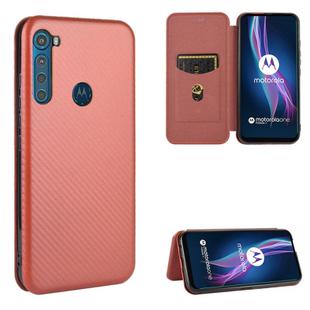 For Motorola Moto One Fusion Plus Carbon Fiber Texture Horizontal Flip TPU + PC + PU Leather Case with Rope & Card Slot(Brown)