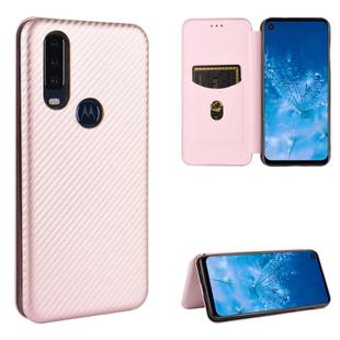 For Motorola Moto P40 Power / One Action Carbon Fiber Texture Horizontal Flip TPU + PC + PU Leather Case with Rope & Card Slot(Pink)