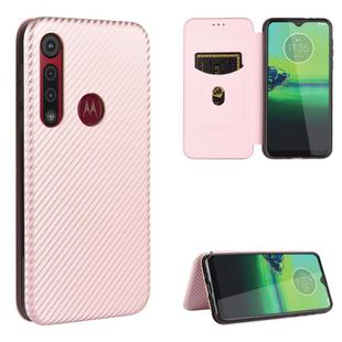 For Motorola Moto One Macro / G8 Play Carbon Fiber Texture Horizontal Flip TPU + PC + PU Leather Case with Rope & Card Slot(Pink)