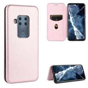 For Motorola Moto One Zoom Carbon Fiber Texture Horizontal Flip TPU + PC + PU Leather Case with Rope & Card Slot(Pink)