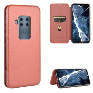 For Motorola Moto One Zoom Carbon Fiber Texture Horizontal Flip TPU + PC + PU Leather Case with Rope & Card Slot(Brown)