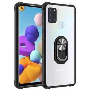 For Samsung Galaxy A21s Shockproof Transparent TPU + Acrylic Protective Case with Ring Holder(Black and Silver)